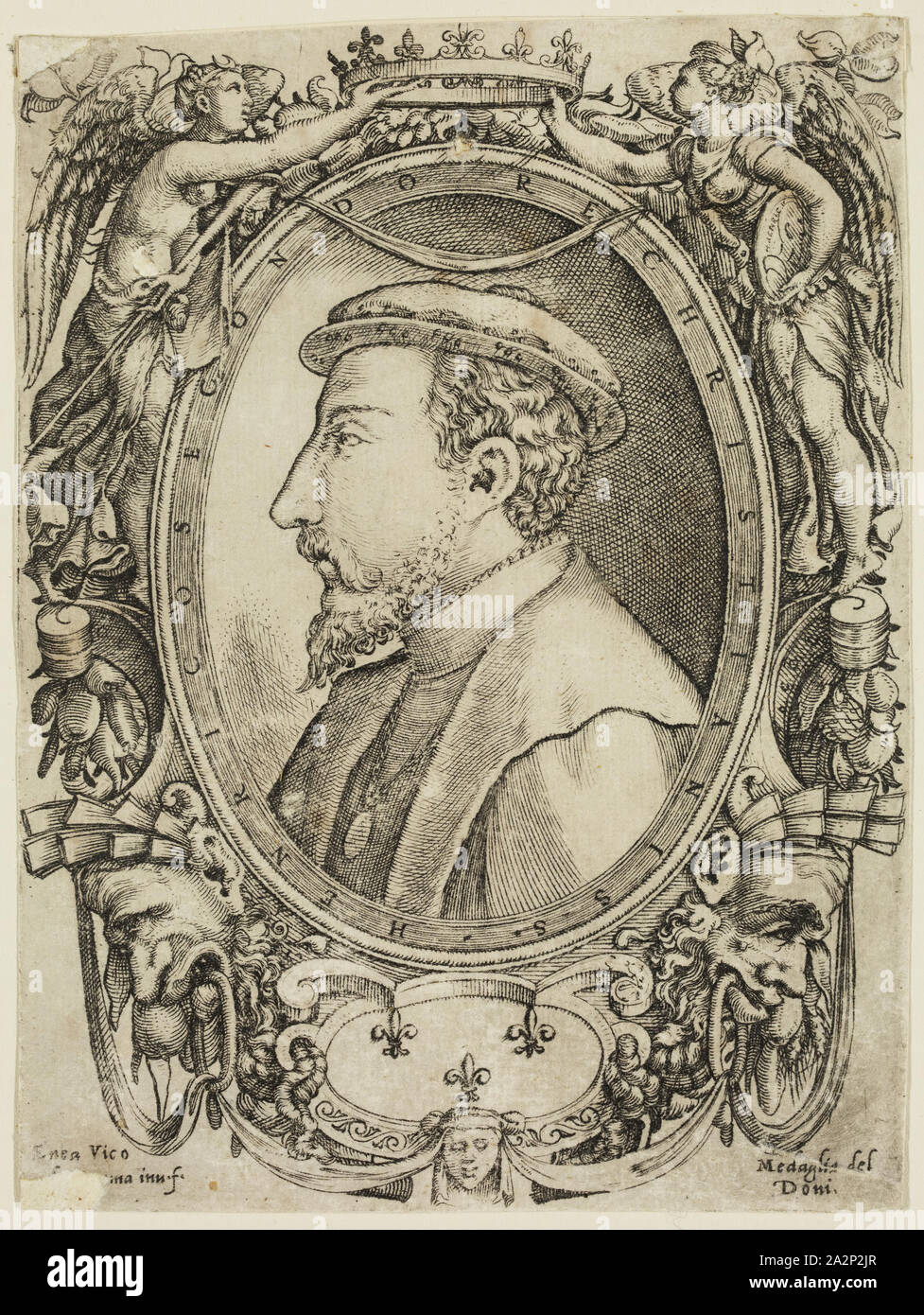 Enea Vico, italien, 1523-1567, Henry II, Roi de France, 16e siècle, gravure imprimée à l'encre noire sur papier vergé, feuille (à l'intérieur d'une plaque découpée) Marque : 5 7/8 x 4 3/8 pouces (14,9 × 11,1 cm Banque D'Images