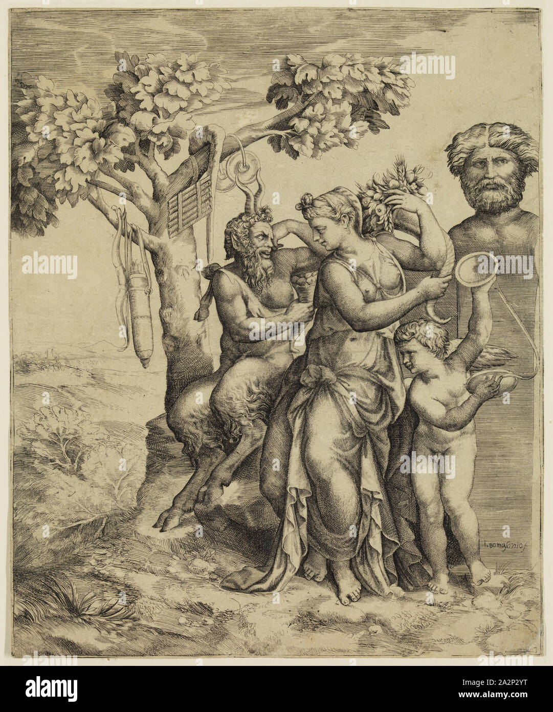 Guilio di Antonio Bonasone, italien, 1498-1580, Pan assis près d'une nymphe avec une corne, entre 1500 et 1580, la gravure et la gravure imprimée dans l'encre noire sur papier vergé, feuille (à l'intérieur d'une plaque découpée mark) : 10 3/4 x 8 7/8 pouces (27,3 × 22,5 cm Banque D'Images