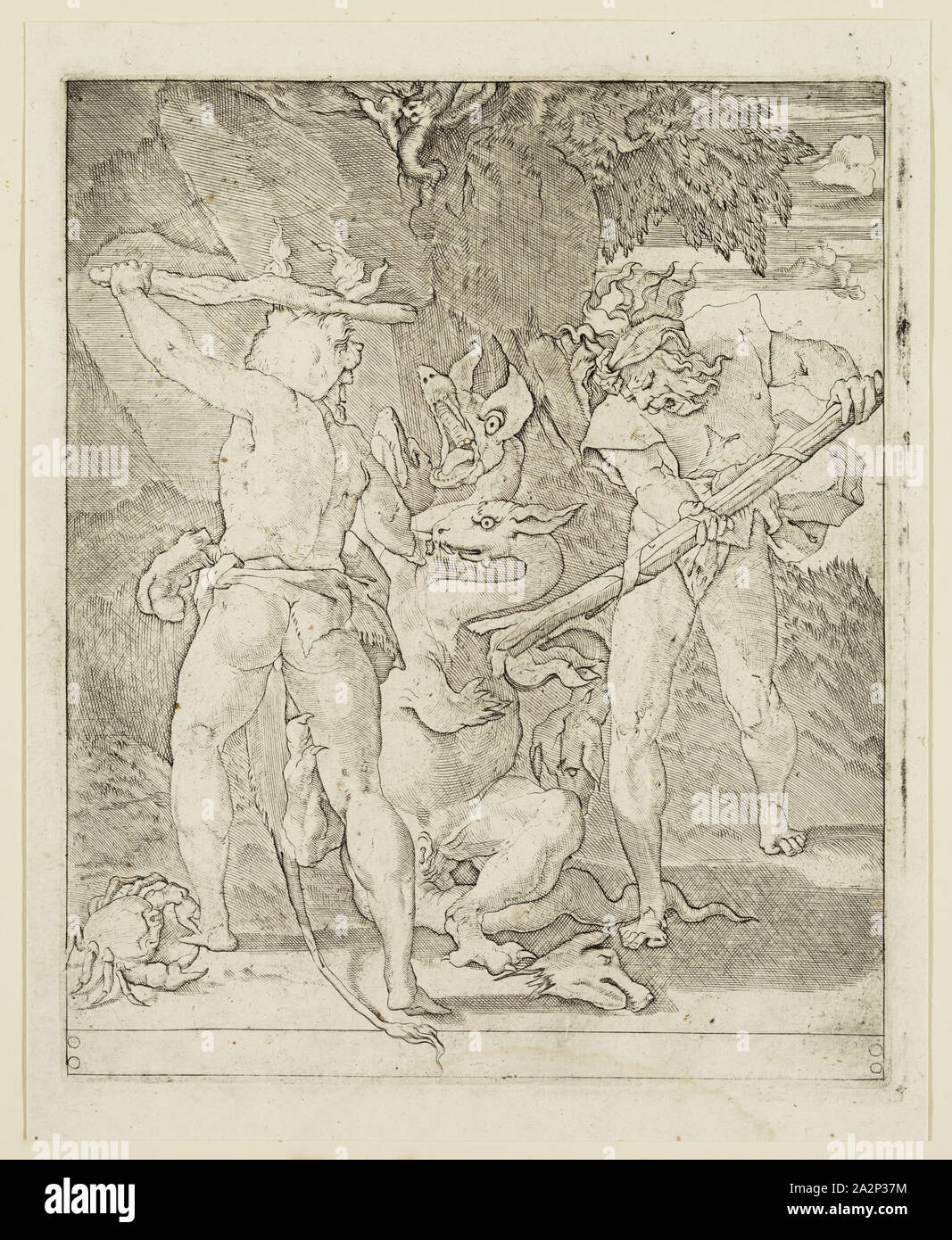 Gian Jacopo Caraglio, italien, 1500-1570, Hercule tuant l'Hydre de Lerne, entre 1500 et 1570, gravure imprimée dans l'encre noire sur papier vergé, plaque : 8 5/8 × 7 1/8 pouces (21,9 × 18,1 cm Banque D'Images