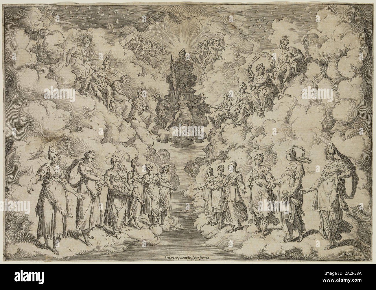 Agostino Carracci, italien, 1557-1602, après Andrea Boscoli, Italien, après Bernardo Buontalenti, italien, l'harmonie des sphères, entre 1589 et 1592, la gravure imprimée à l'encre noire sur papier vergé, de droit : 9 1/2 x 13 1/2 pouces (24,1 × 34,3 cm Banque D'Images