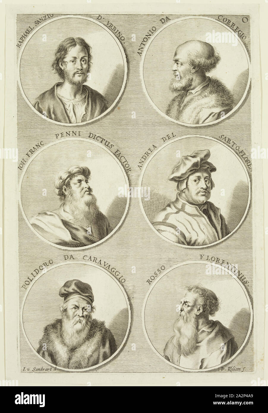 Philipp Kilian, allemand, 1628-1693, après Joachim von Sandrart J, allemand, 1606-1688, les portraits de Raphaël Sanzio, Antonio da Corregio, Giovanni F. Penni, Andrea de Sarto-Flores, Polidoro da Caravaggio, Rosso Florentinus, ca. 1683, gravure imprimée à l'encre noire sur papier vergé, plaque : 12 3/8 x 8 1/8 pouces (31,4 × 20,6 cm Banque D'Images