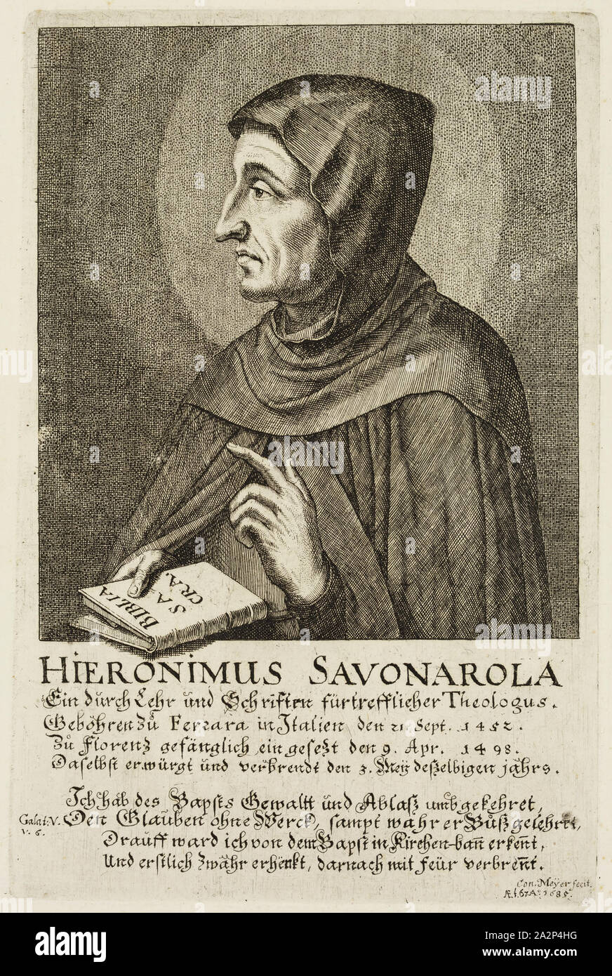 Conrad Meyer, Suisse, 1618-1689, Hieronimus Savonarola, 1685, la gravure imprimée à l'encre noire sur papier vergé, plaque : 8 1/2 x 5 5/8 pouces (21,6 × 14,3 cm Banque D'Images