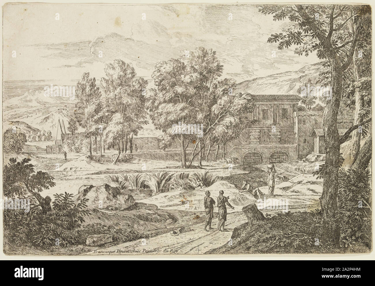 Jean François Millet, flamand, 1642-1679, les deux hommes marchant de compagnie, 17e siècle, la gravure imprimée dans l'encre noire sur papier vergé, feuille (à l'intérieur d'une plaque découpée) Marque : 7 7/8 x 11 5/8 pouces (20 × 29,5 cm Banque D'Images