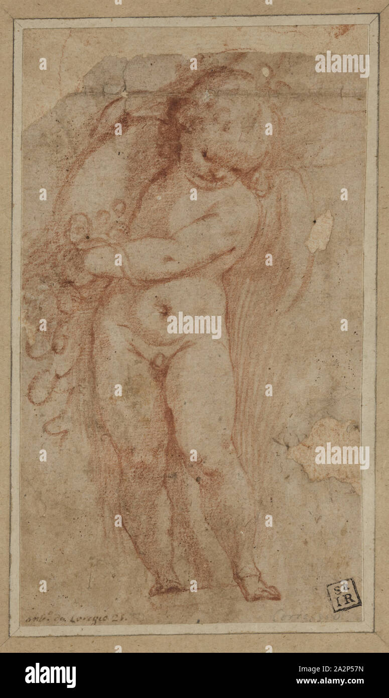 Inconnu (Italien), Comité permanent Putto avec Cornucopia, entre 1575 et 1600, craie rouge sur papier vergé chamois, feuille : 6 7/8 x 4 1/8 pouces (17,5 × 10,5 cm Banque D'Images
