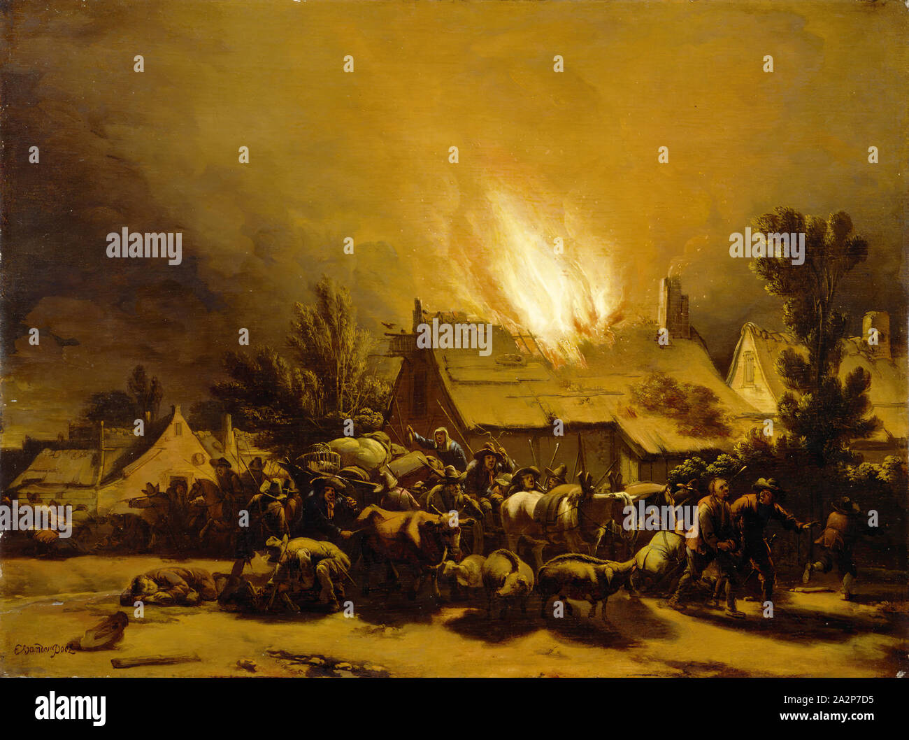 Egbert Lievensz van der Poel, néerlandais, 1621-1664, les paysans fuyant une étable en feu, ca. 1655, huile sur panneau de chêne, non monté : 14 1/2 × 19 1/4 pouces (36,8 × 48,9 cm Banque D'Images