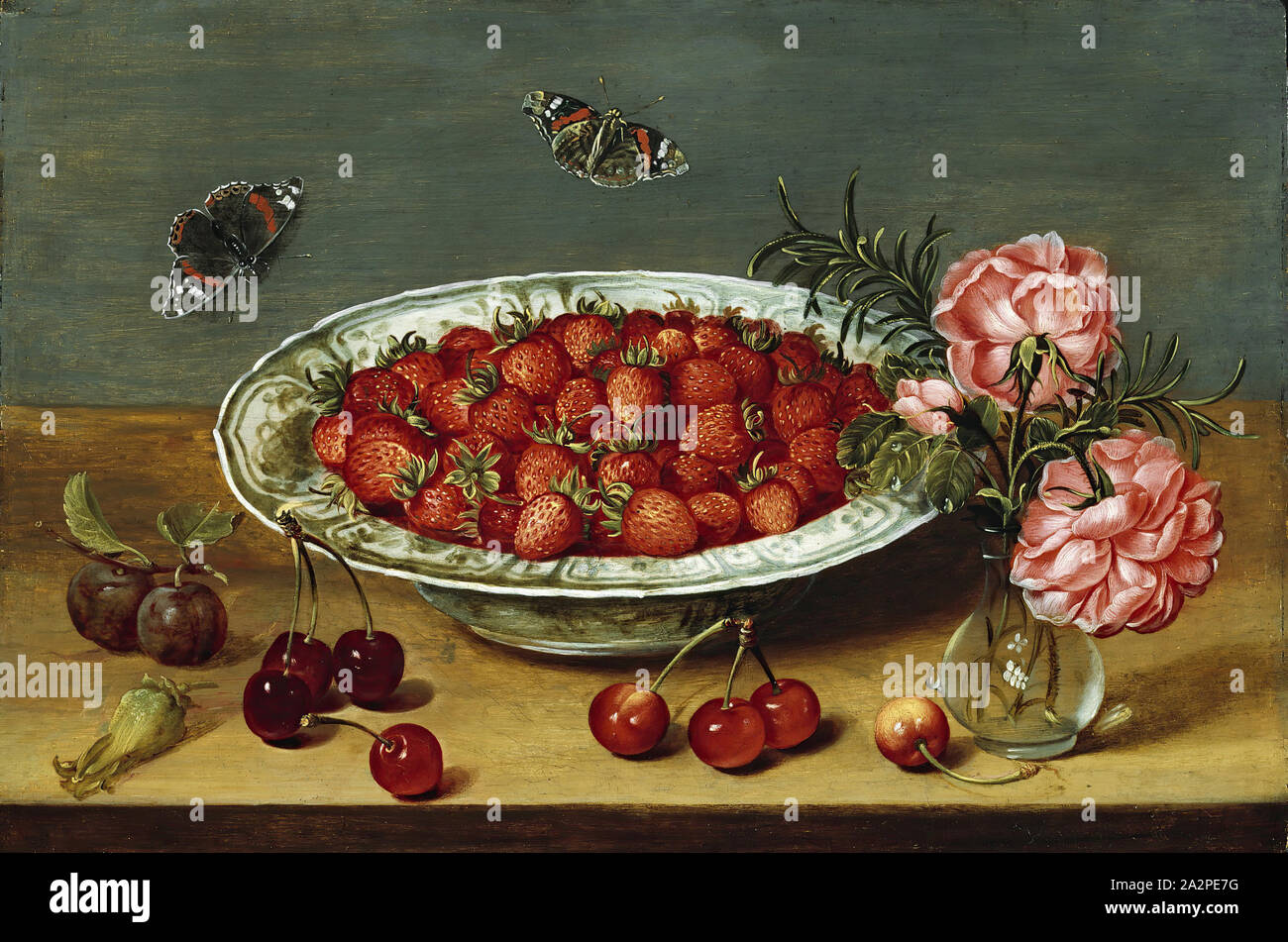 Inconnu (flamand), la nature morte avec des fraises, 1600/1625, huile sur panneau de chêne, non monté : 11 1/4 x 16 1/2 pouces (28,6 × 41,9 cm Banque D'Images