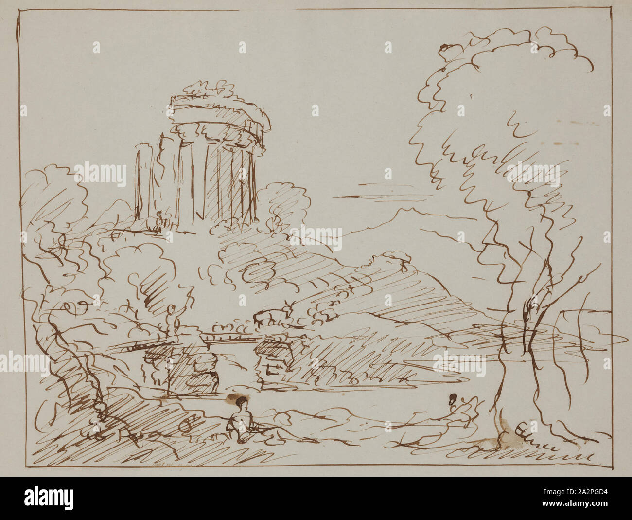 Thomas Cole, Américain, 1801-1848, Temple dans un paysage boisé (Vesta à Tivoli), 19e siècle, plume et encre brune sur papier vélin gris clair, feuille : 7 7/8 x 9 5/8 pouces (20 × 24,4 cm Banque D'Images