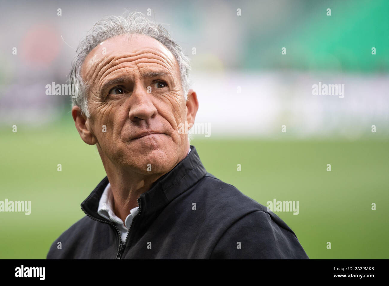 03 octobre 2019, la France (France), Saint-Étienne : Soccer : Europa League, comme saint Étienne - VfL Wolfsburg, phase Groupe, Groupe I, 2e journée à Stade Étivallière. Ghislain Printant Entraîneur de St Etienne est dans le stade avant le match commence. Photo : Swen Pförtner/dpa Banque D'Images