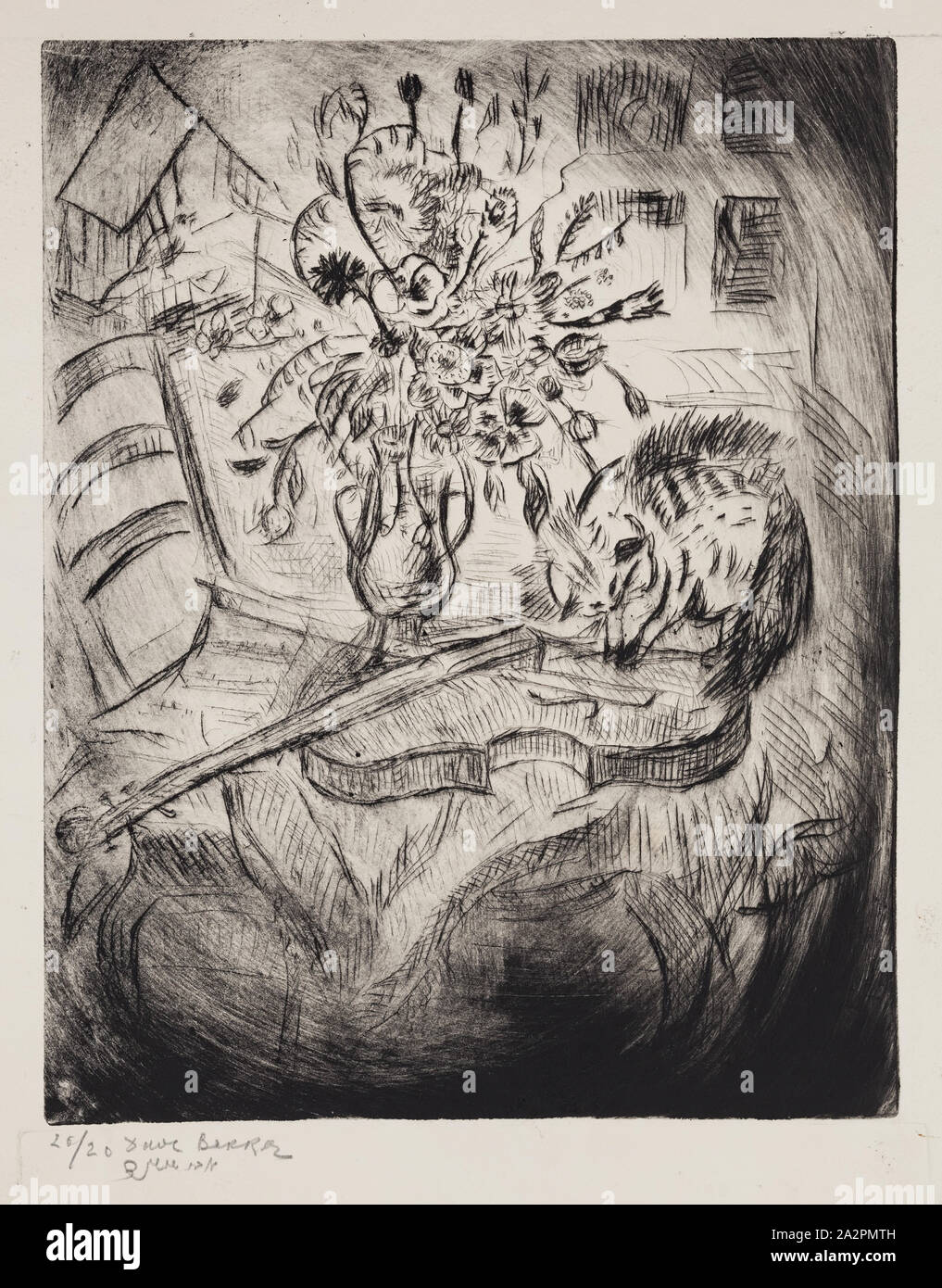 David Bekker, Américain, 1897-1956, Cat et violon, 20e siècle, imprimé à la pointe sèche à l'encre noire sur papier vélin, plaque : 10 × 7 7/8 pouces (25,4 × 20 cm Banque D'Images