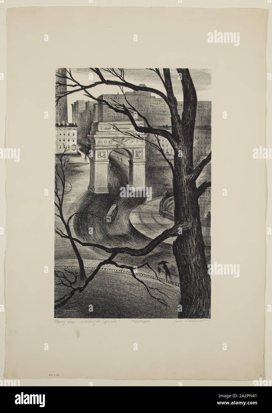 Jack Markow, Américain, 1905-1983, jour de pluie, Washington Square, ca. 1938, lithographie imprimée dans l'encre noire sur papier vélin, de droit : 15 3/8 x 9 5/8 pouces (39,1 × 24,4 cm Banque D'Images