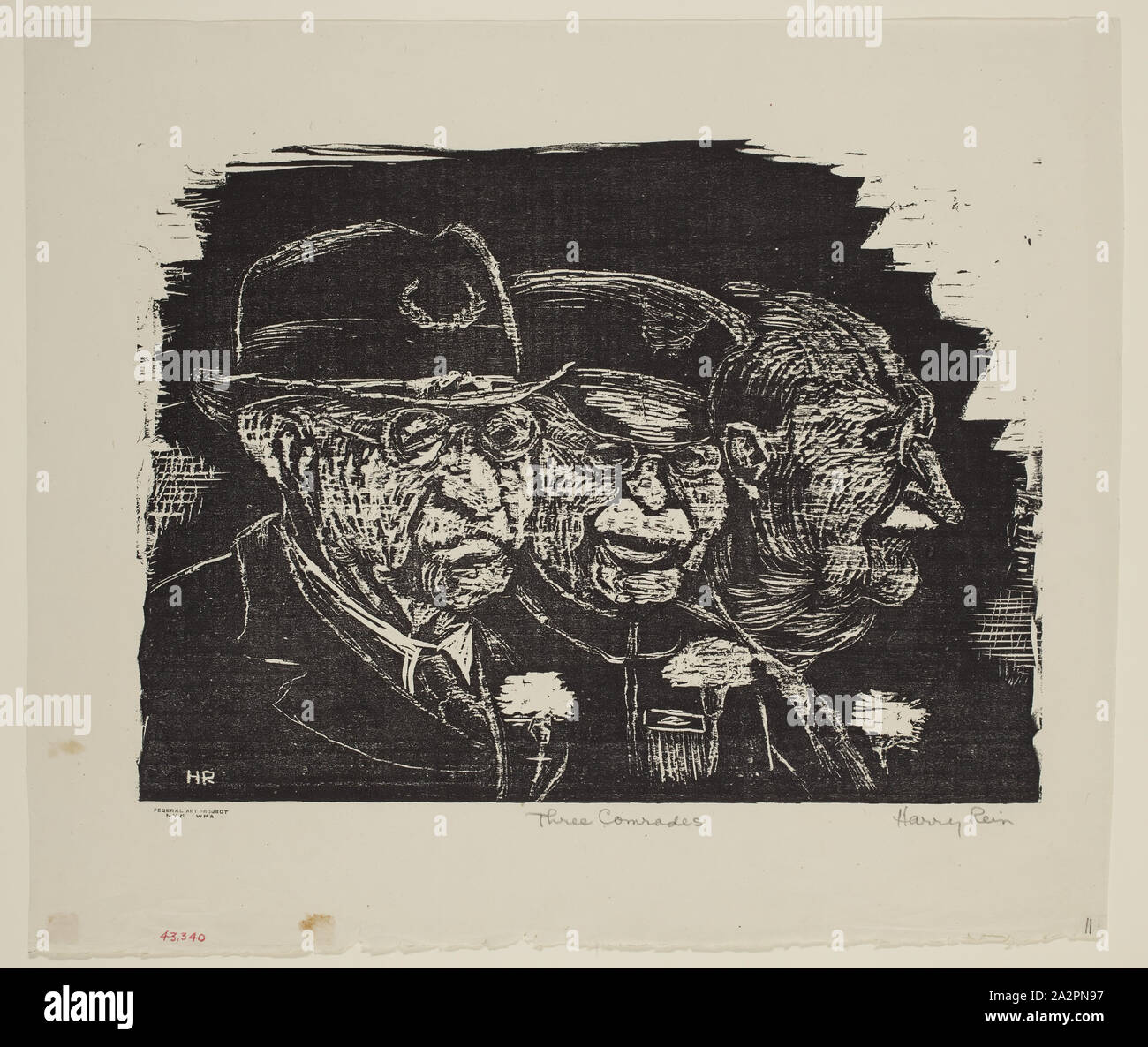 Harry Rein, Américain, 1908-1969, trois camarades, entre 1934 et 1943, gravure sur bois imprimée dans l'encre noire sur papier japon, de l'image : 10 x 13 5/8 pouces (25,4 × 34,6 cm Banque D'Images