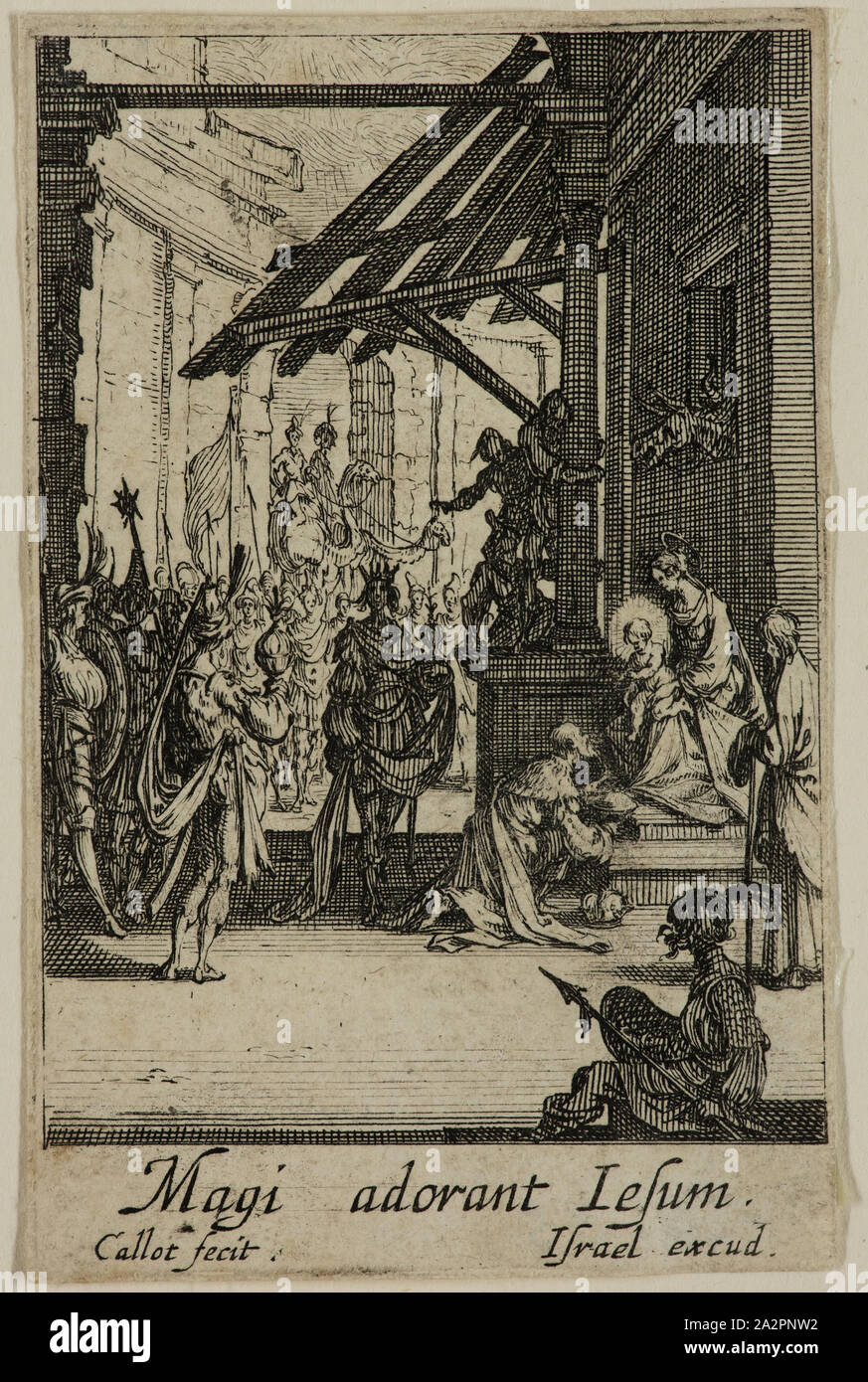 Jacques Callot, Français, 1592-1635, l'adoration des Mages, début du 17e siècle, la gravure imprimée dans l'encre noire sur papier vergé, feuille (à l'intérieur d'une plaque découpée) Marque : 2 7/8 x 1 3/4 po (7,3 x 4,4 cm Banque D'Images