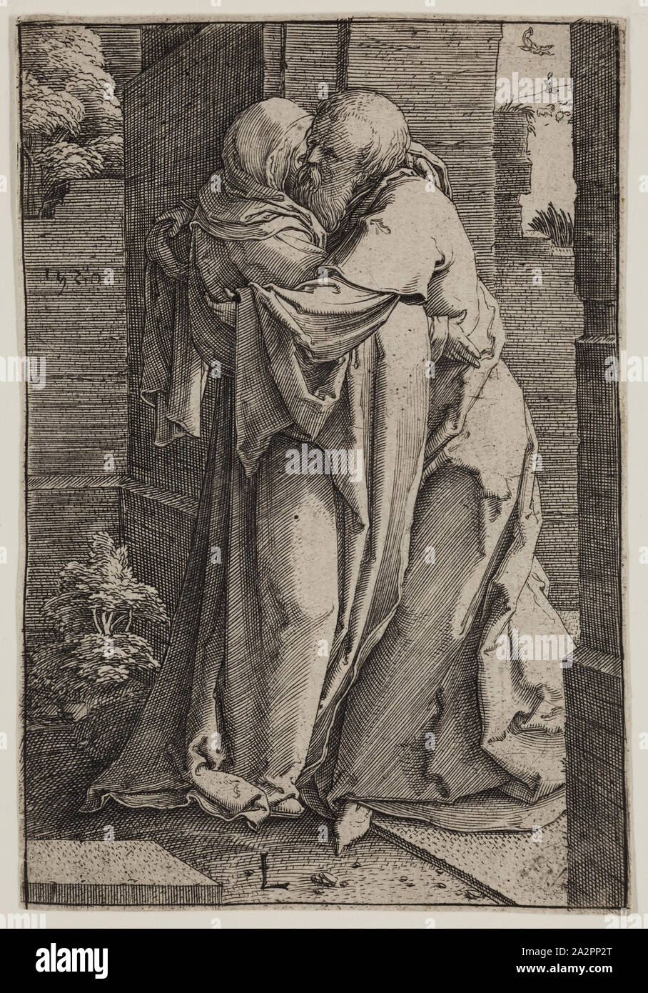 Lucas van Leyden, Russisch, 1494-1533, Saint Joachim et sainte Anne, 1520, gravure imprimée à l'encre noire sur papier vergé, feuille (à l'intérieur d'une plaque découpée) Marque : 4 1/4 x 2 7/8 pouces (10,8 × 7,3 cm Banque D'Images