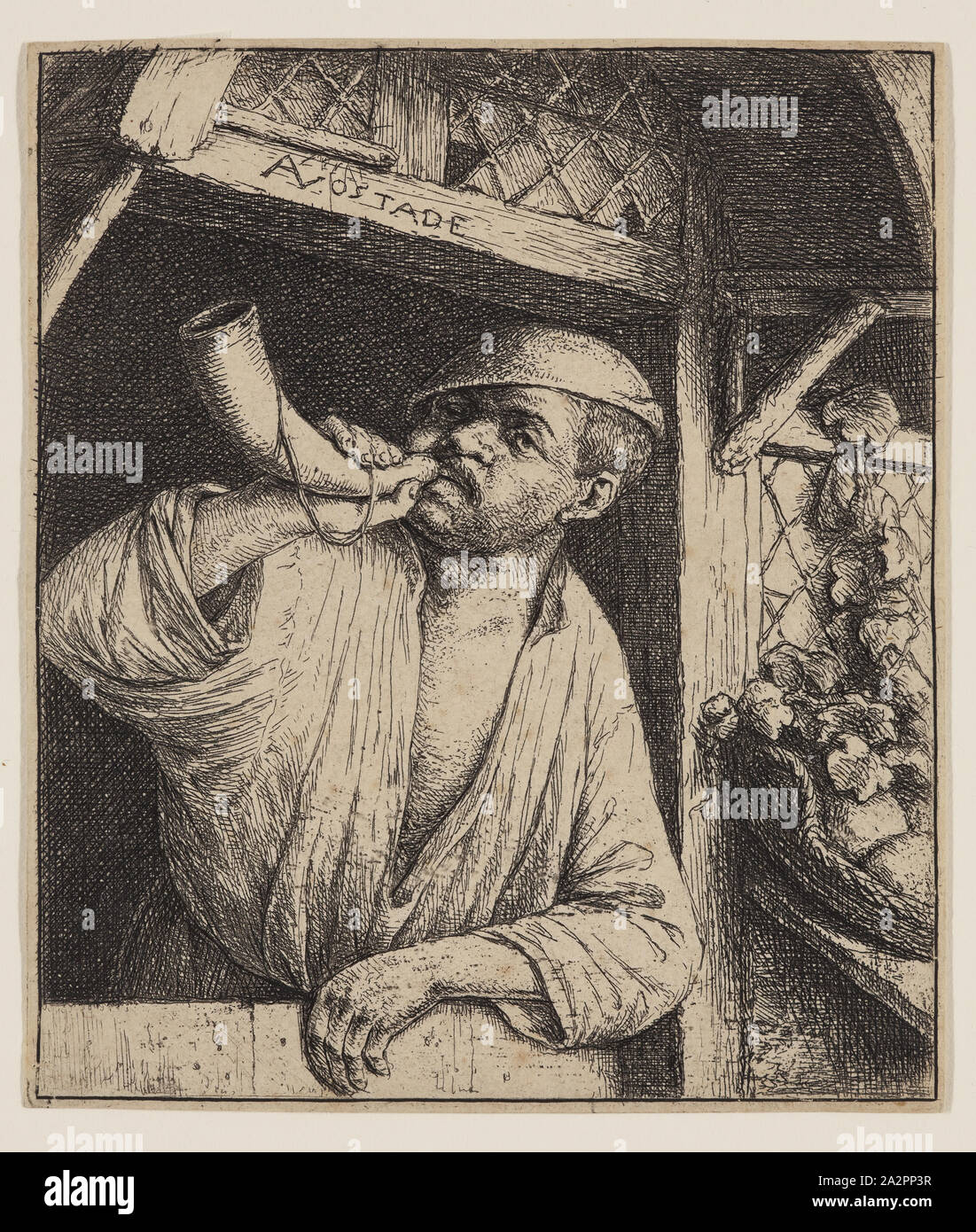 Dutch, Adriaen van Ostade, 1610-1685, Baker sonnant sa corne, ca. 1664, la gravure imprimée à l'encre noire sur papier vergé, feuille (à l'intérieur d'une plaque découpée) Marque : 4 × 3 pouces 3/8 (10,2 × 8,6 cm Banque D'Images