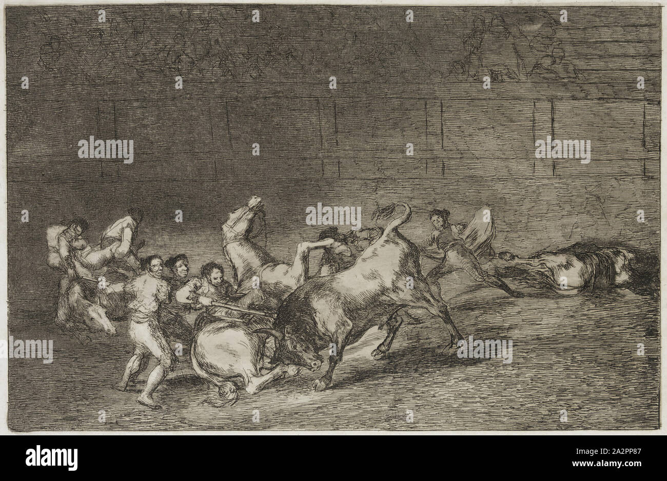 Francisco Goya, Espagnol, 1746-1828, deux équipes de Picadors jetés l'un après l'autre par un seul Bull, 1816, eau-forte, aquatinte, pointe sèche, bruni et burin imprimé en encre brune sur papier vergé, plaque : 9 5/8 x 13 7/8 pouces (24,4 × 35,2 cm Banque D'Images