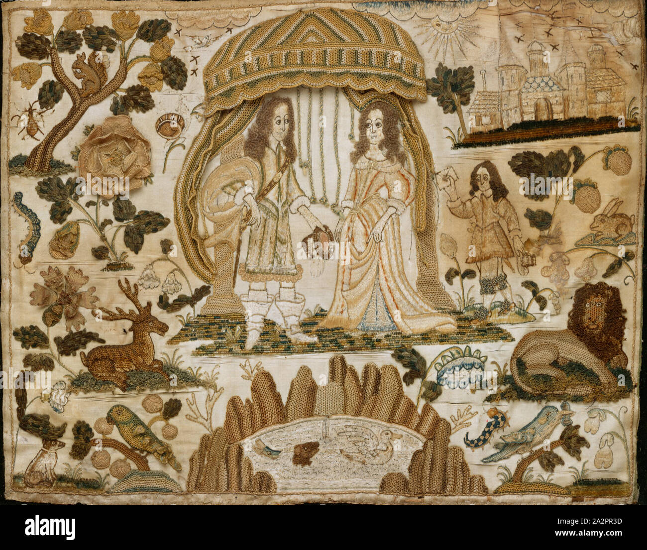Inconnu (Anglais), Cavalier et dame dans une tente, 1650/1675, la soie de couleur argent doré et thread sur satin, Pans : 13 7/8 x 16 7/16 x 1 3/16 in. ( 35,3 x 41,8 x 3 cm Banque D'Images
