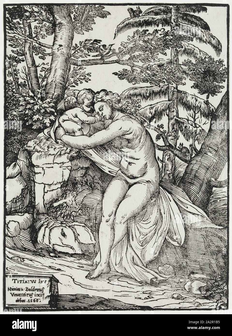 Niccolò Boldrini, italien, 1510-1566, après le Titien, Italien, ca.1488-1576, Vénus et Cupidon, 1566, gravure sur bois imprimée dans l'encre noire sur papier vergé, Image et feuille : 12 1/2 × 9 pouces (31,8 × 22,9 cm Banque D'Images
