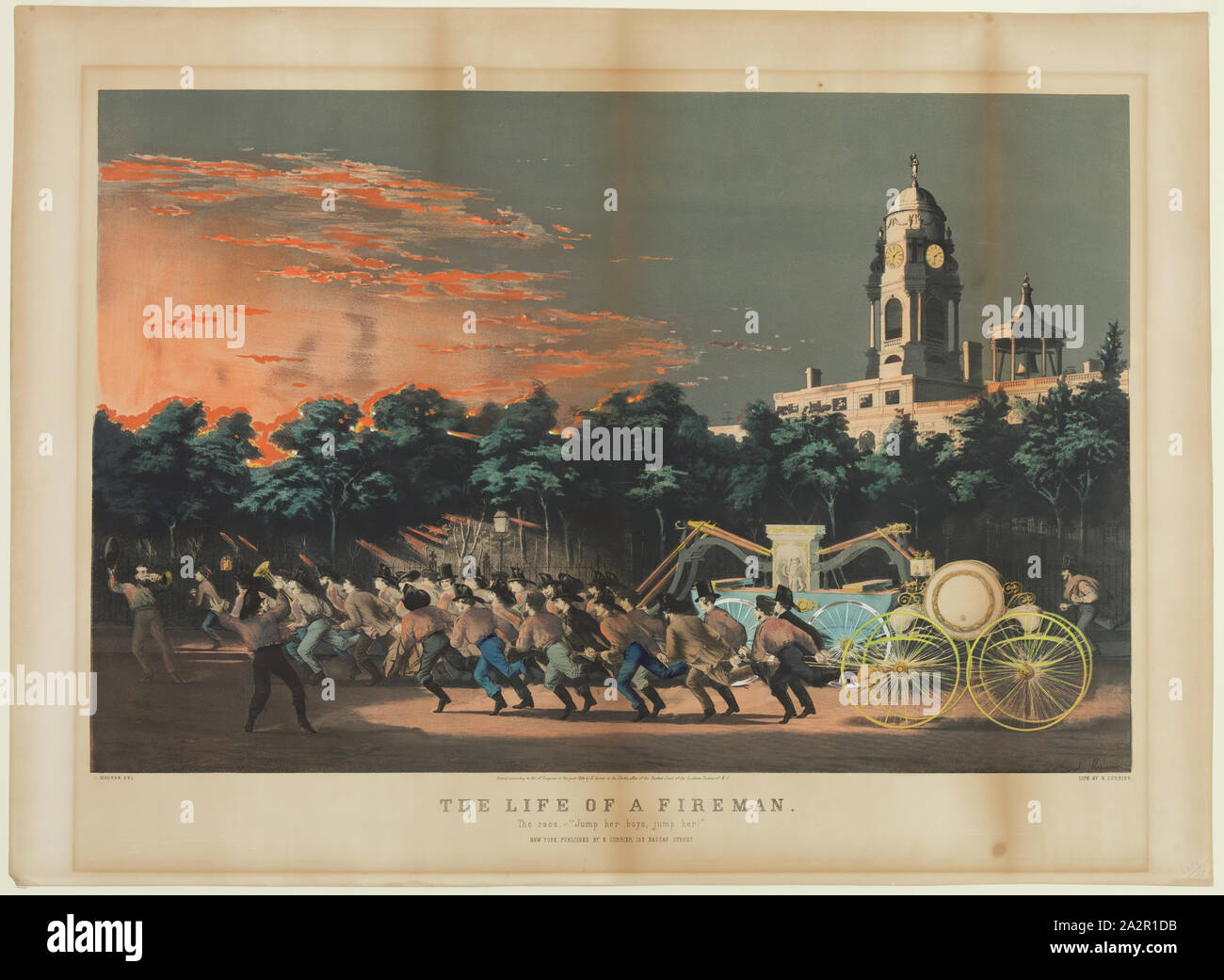 Après Louis Maurer, Américain, 1832-1932, la course : sauter ses garçons, Jump !, 1854, lithographie imprimée dans l'encre noire, coloriés à la main sur papier vélin, Image : 17 × 25 3/4 po (43,2 × 65,4 cm Banque D'Images