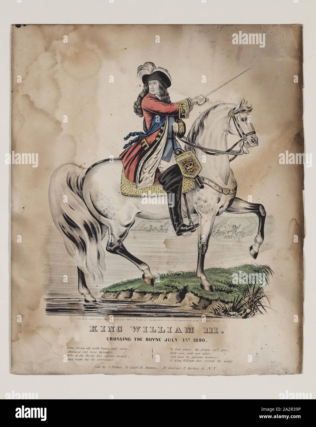 Le roi William III traversant la rivière Boyne, le 1er juillet 1690, 1845, lithographie imprimée dans l'encre noire, coloriés à la main sur papier vélin, Image : 8 3/4 x 8 pouces (22,2 × 20,3 cm Banque D'Images