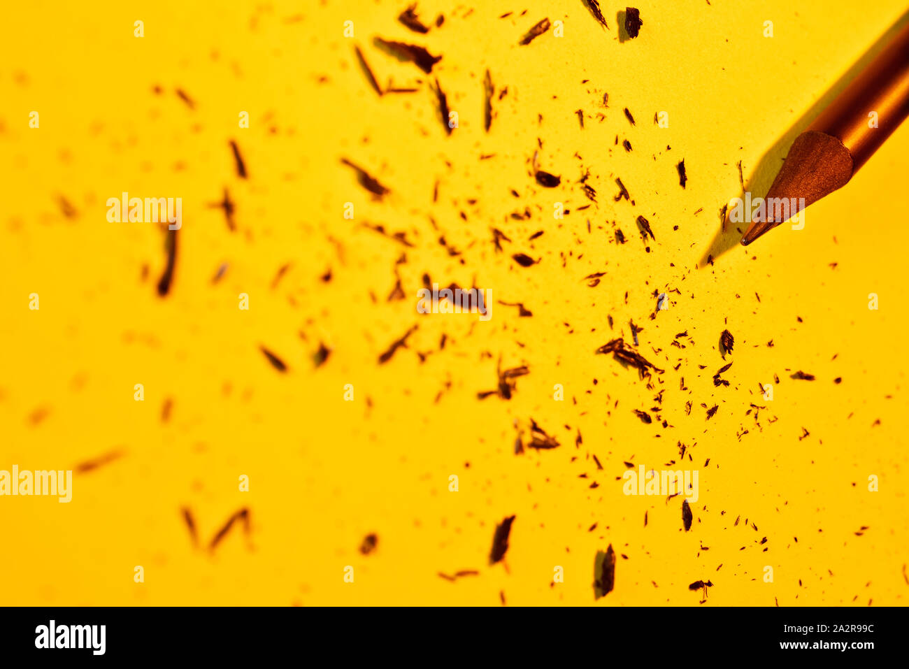 Crayon en bois affûté sur fond jaune , beaux copeaux de crayon tout autour de Banque D'Images