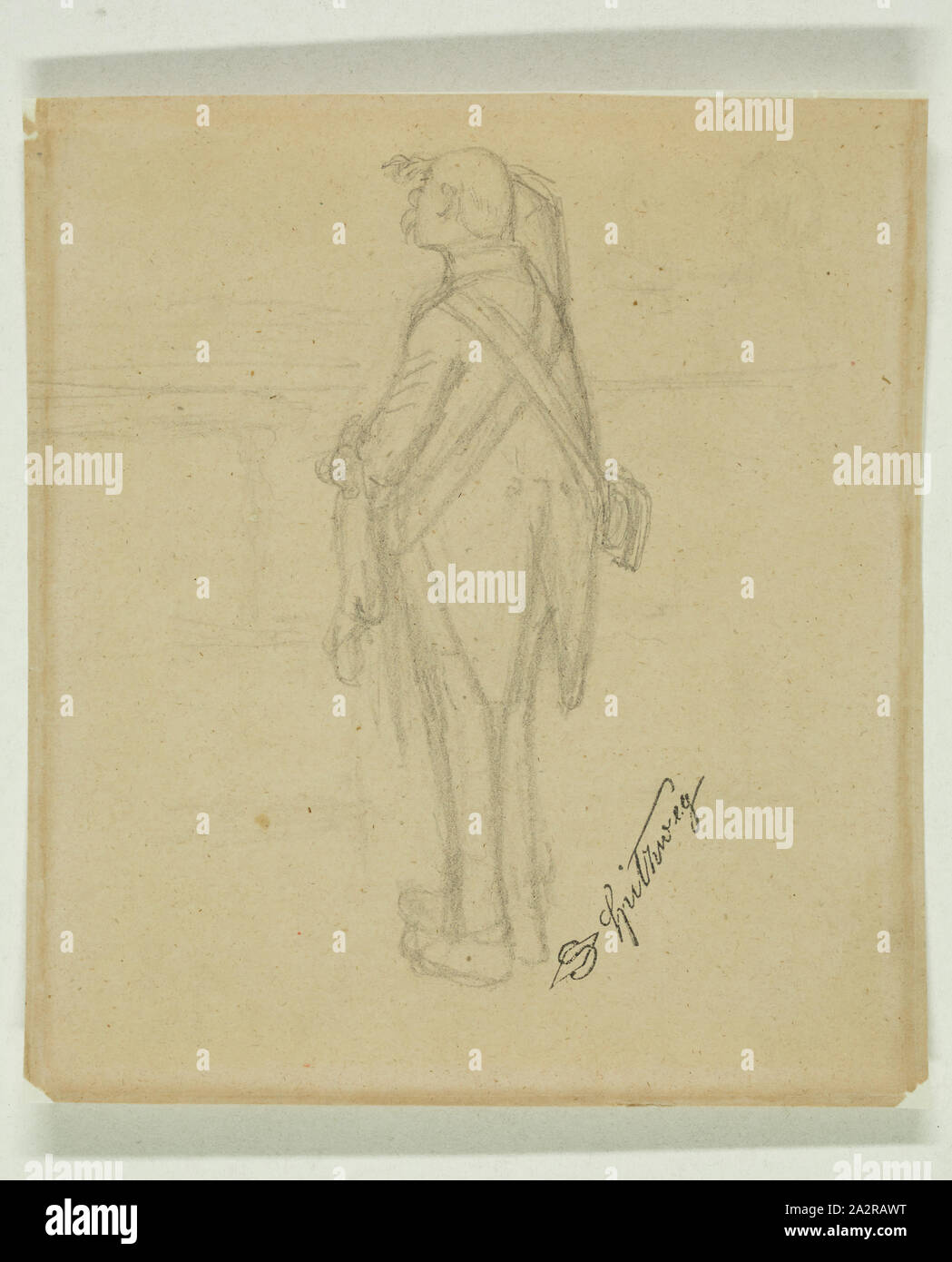 Carl Spitzweg, allemand, 1808-1885, soldat debout les yeux dans la Distance, ca. 1859, crayon sur papier vélin blanc cassé, feuille : 6 7/8 x 5 7/8 pouces (17,5 × 14,9 cm Banque D'Images