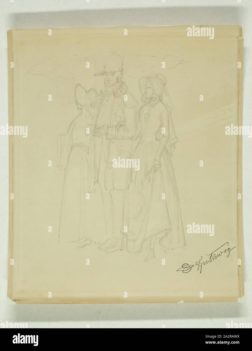 Carl Spitzweg, allemand, 1808-1885, l'homme avec deux dames, ca. 1845, crayon sur papier vélin, feuille : 7 5/8 × 6 1/4 pouces (19,4 × 15,9 cm Banque D'Images