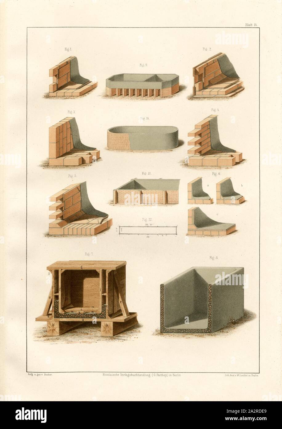 Printemps et Gähr cuves et reefers, divers types de construction pour des cuves et reefers, signé : Aufgen., u, signé c., Becker, feuille 14, à la p. 124, Becker, W. A. (aufgen. u. gez.), 1869, O. A. Becker : Anleitung zur Anwendung der Cemente. Berlin : ?, 1869 Banque D'Images