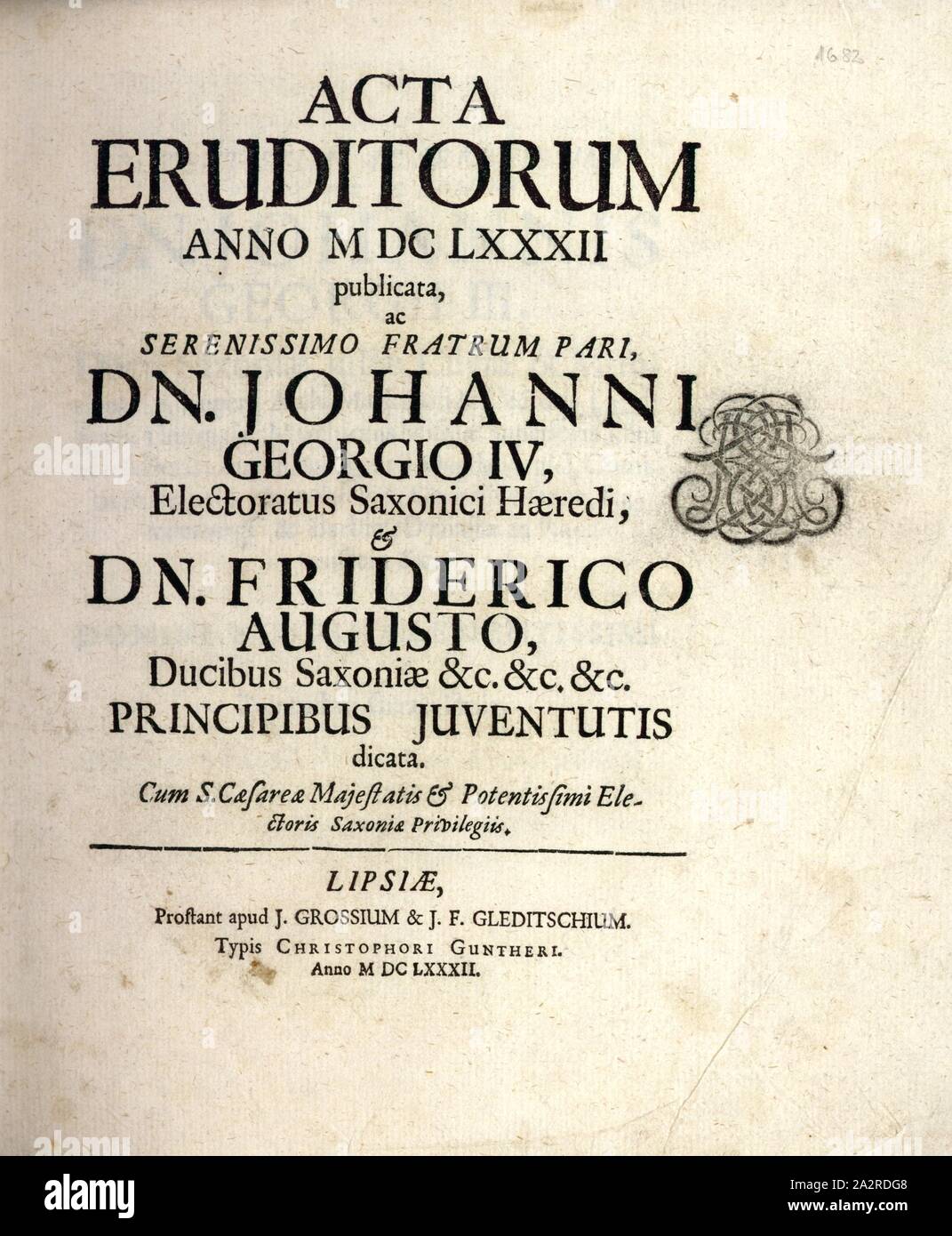 Page de titre de la première édition de l'Acta eruditorum ', première revue scientifique dans la zone allemande, fondée par Otto Mencke, page de titre, Mencke, Otto, 1682, Acta eruditorum. Lipsiae : Grosse & Gleditsch, 1682 Banque D'Images