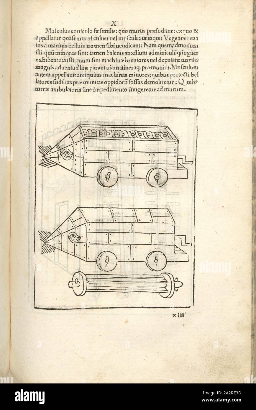 Rammbock 1, cité médiévale, la guerre de siège, la comparaison de deux vérins de chariot, Woodcut, S. 347, (Liber decimus), 1483, Roberto Valturio : [De re militari]. Vérone : [Boninus de Boninis], [1483 Banque D'Images