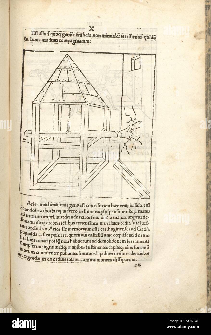 Rammbock 2, la guerre au Moyen Âge, siège, bélier avec un raccord métallique à la tête, woodcut, S. 375, (Liber decimus), 1483, Roberto Valturio : [De re militari]. Vérone : [Boninus de Boninis], [1483 Banque D'Images