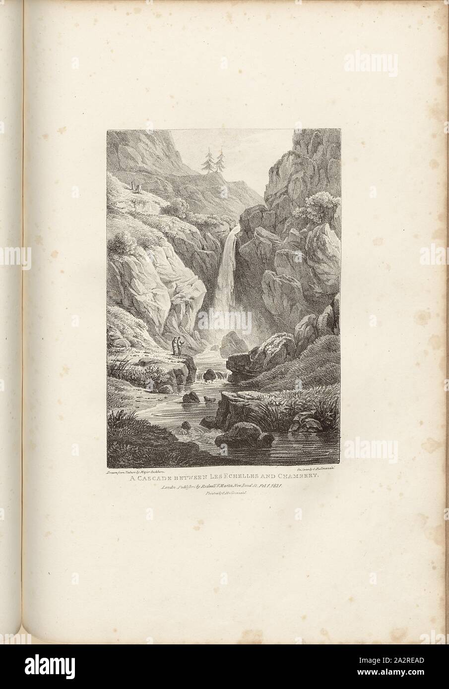 Une cascade entre les Echelles et Chambéry, Cascade entre les Echelles et Chambéry, signé : Major Cockburn, C. Hullmandel, lithographie, Partie 2 (Mont Cenis), TAF. 13, Cockburn, James (del.) ; Hullmandel, Charles Joseph (lith.), 1822, James Cockburn, vues pour illustrer la route du Simplon ; les points de vue pour illustrer la route du Mont Cenis. Londres : Rodwell & Martin, 1822 Banque D'Images