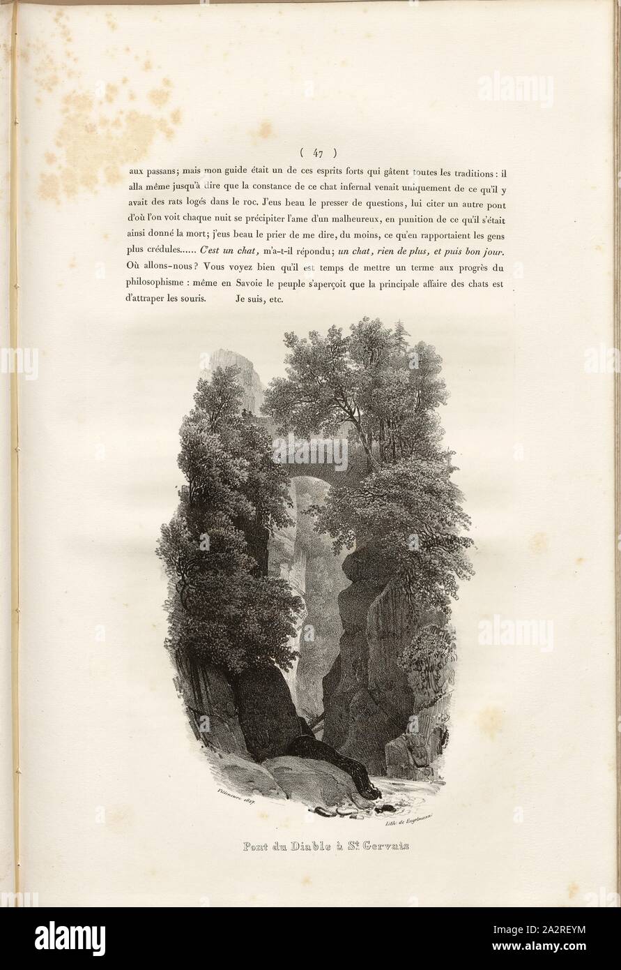 Une Partie De La Suisse 3 Lettres Pont du Diable à Saint Gérvais, Pont du diable à Saint Gérvais, signé :  Villeneuve, Engelmann, lithographie, plaque 3, p. 47 (Vol. 2, partie 4),  Villeneuve, M., Engelmann, Godefroy (lith.), 1827, Hilaire,