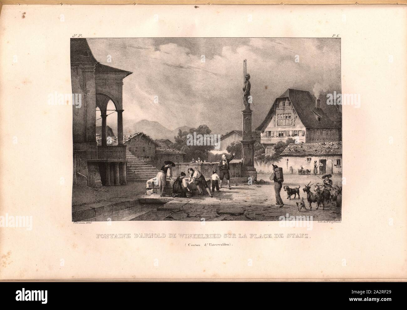 Une Partie De La Suisse 3 Lettres Fontaine par Arnold Winkelried sur Stanz Square, Winkelriedbrunnen à Stans,  signé : Villeneuve, G. Engelmann, lithographie, planche 8 (vol. 1, partie 3),  Villeneuve, M. (ft.) ; Engelmann, Godefroy (lith.), 1825, Hilaire, Sazerac