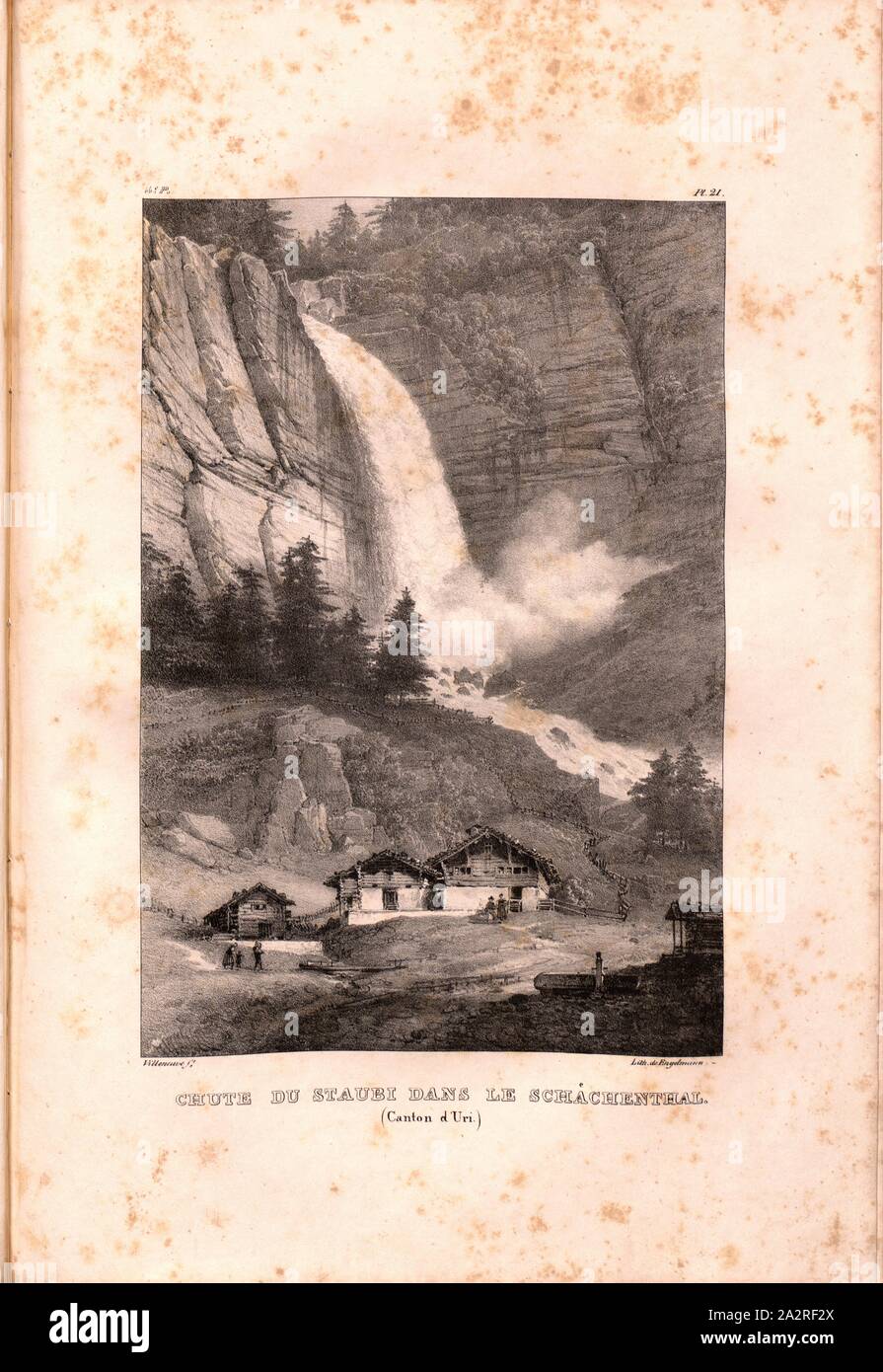 Une Partie De La Suisse 3 Lettres Automne Staubi dans le Schaechenthal, poussières dans le Schächental, signé  : Villeneuve, Engelmann, lithographie, pl. 21 (vol. 1, partie 3),  Villeneuve, M. (ft.) ; Engelmann, Godefroy (lith.), 1823, Hilaire, Sazerac  Léon Godefroy