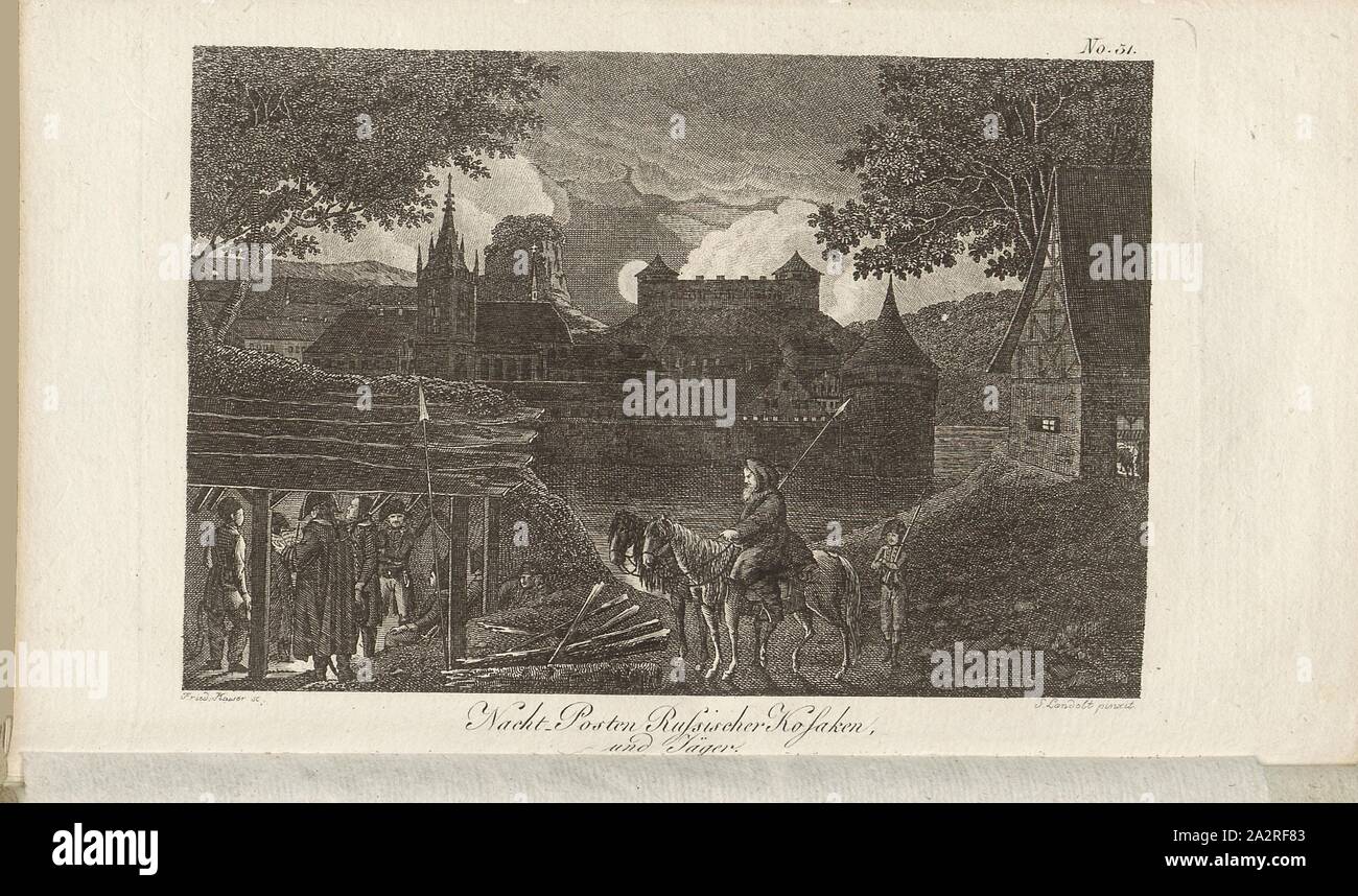 Nuit après cosaques russes et les chasseurs, Illustration d'un Cosaque russe de la fin du xixe siècle et Hunter, signé : Fried Kauser sc, S. Landolt pinxit, no. 31, p. 196 après, Kauser, frits. (Sc.) ; Landolt, S. (pinx.), 1805, Heinrich August Ottokar Reichard : Malerische Reise durch einen grossen Theil der Schweiz vor und nach der Revolution. Jena : Seidler, 1805 Banque D'Images