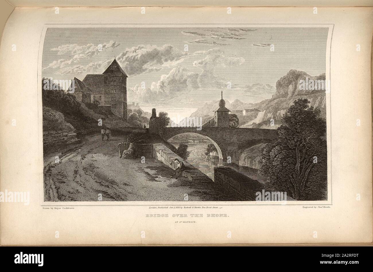 Des ponts sur le Rhône. À Saint Maurice, le Château de Saint-Maurice et Pont du Rhône à St Maurice (canton du Valais), signé : dessiné par grands Cockburn, gravée par Chas., Heath, planche 14, p. 70, Cockburn, James (tirés) ; Heath, Charles (gravé), 1820, James Cockburn : Paysage suisse à partir de dessins. Londres : Publié par Rodwell & Martin, 1820 Banque D'Images