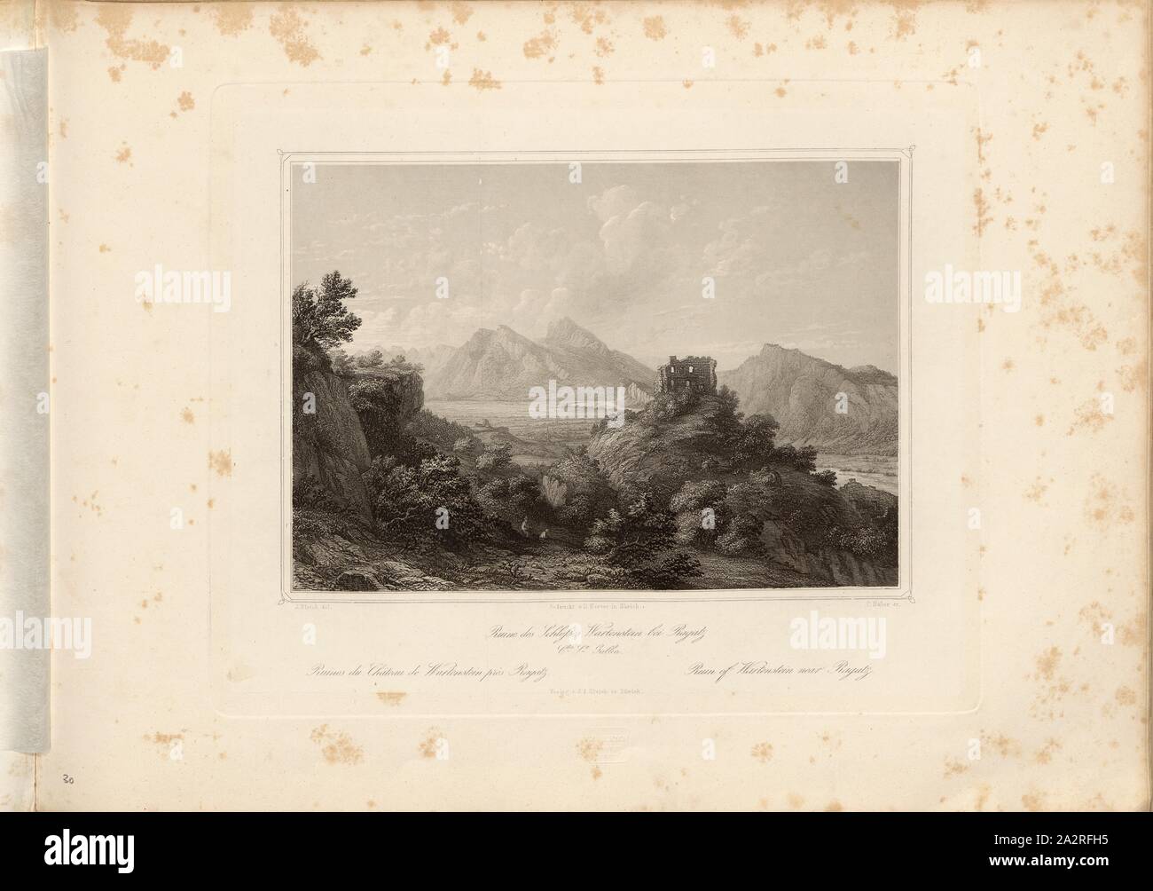 Ruine de château à proximité de Wartenstein Ragatz, le RCT. Saint-gall, en vue de la ruine Wartenstein près de Bad Ragaz avec les montagnes Gonzen et Gauschla en arrière-plan, titre parallèle : Ruines du château de Wartenstein près Ragatz - Ruine de Wartenstein près Ragatz, pl. 30, S. 125, Ulrich, J. (del.) ; Huber, C. (sc.), 1856, Johann Jakob Ulrich, Johann Jakob Reithard Banque D'Images