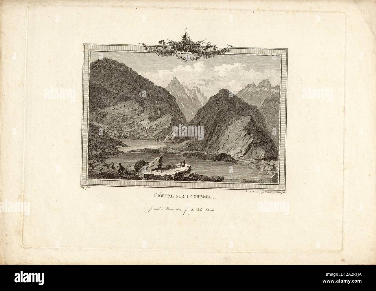 L'hôpital le Grimsel, vue Grimselpass, signé : C. Wolf (pinx.) ; G. Eichler (couche externe.), S. 47, Wolf, Caspar (pinx.) ; Eichler, Matthias Gottfried (couche externe.), 1777, Samuel Wyttenbach : Alpes Helveticae. Beschreibung einer Reise, die im Jahr 1776 durch einen Theil der Bernischen Alpen gemacht worden. [Berne] : [Wagner], [1777 Banque D'Images