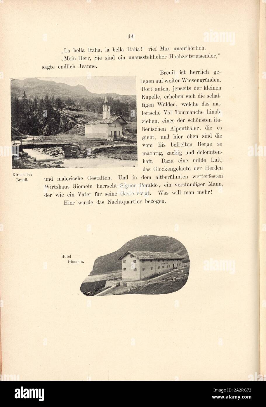 Église de Breuil et l'hôtel, l'Église et l'hôtel Giomein près de Breuil-Cervinia et Giomein en Vallée d'Aoste, signé : Schreiber, fig. 29, p. 44, Schreiber, Eberhard (Autotypie), Theodor Wundt : Das Matterhorn und seine Geschichte. Berlin : Raimund Mitscher, [1896 Banque D'Images