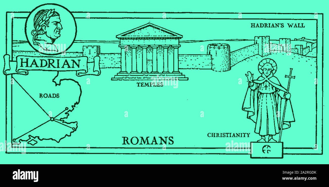 Illustration de 1930 montrant des images symboliques de l'histoire de la Grande-Bretagne à l'époque des Romains - Routes - Temples - Christianisme - Hadrien - Mur d'Hadrien Banque D'Images