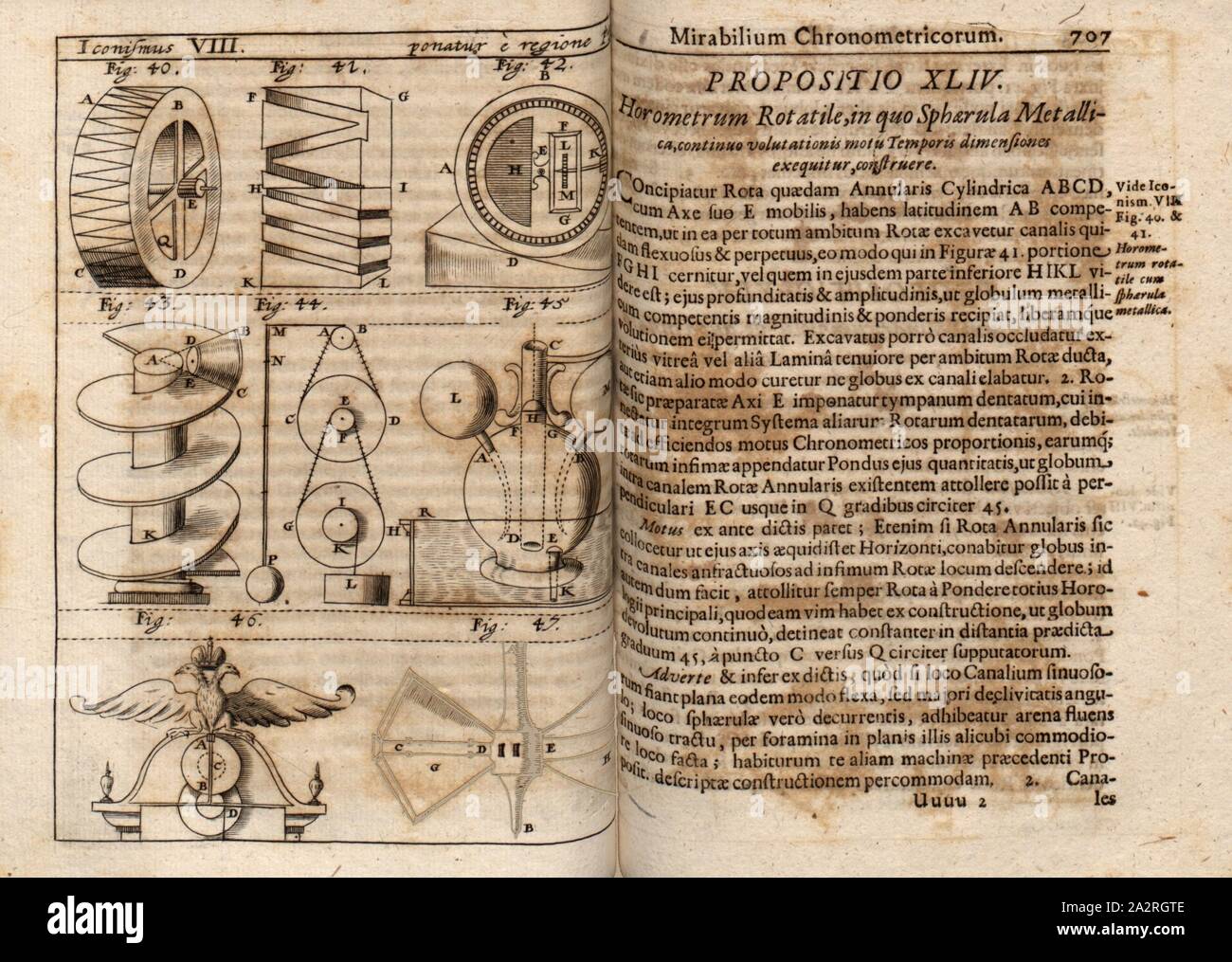 Composants d'une horloge, illustration des composants d'une horloge du 17ème siècle, Iconism VIII, p. 706, 1664, Athanase Kircher, Kaspar Schott : P.Gasparis Schotti [...] technica curiosa sive mirabilia, artis libris XII [...]. Les FER II. Liber nonus. Norimbergae : sumptibus Andreae Iohannis Endteri, 1664 Banque D'Images