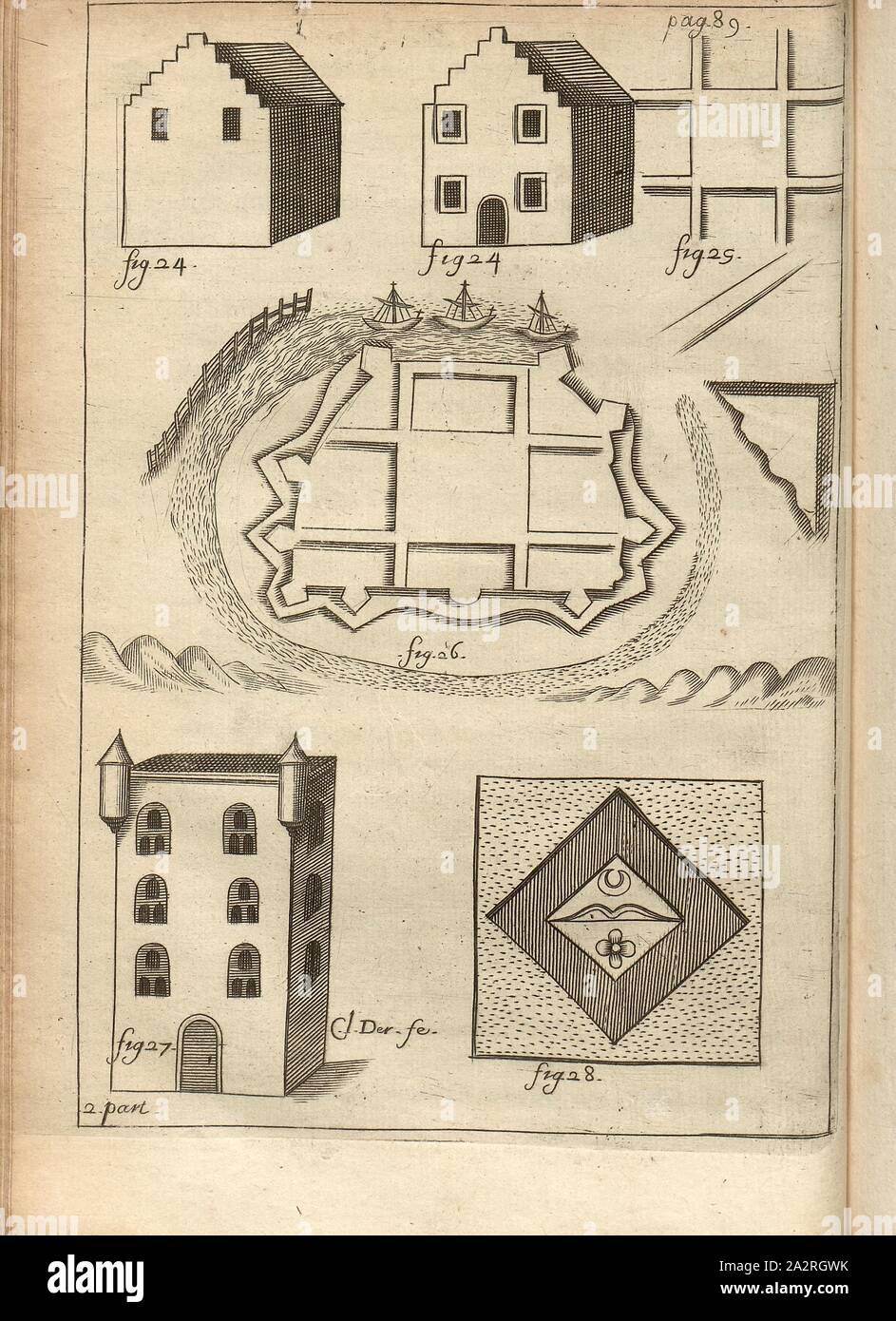 Capacités à Bruges, port d'Ostende, ville natale de Charles V à Gand, wasppen inconnu, fig. 24, 27 : croquis de bâtiments à Bruges (Belgique) à partir de la 17e siècle, fig. Schéma 26 : esquisse de la Harbour Moulins du 17e siècle, fig. 28 : esquisse d'un inconnu du 17ème siècle, siècle, signé : cl., l., Fe, fig. 5, d'après p. 88, Derbage, cl. (Fec), 1665, Jean Bertet, Balthasar de Monconys : Journal des voyages de Monsieur de Monconys : [...]. Seconde partie. Lyon : chez Horace Boissat & George Remeus, 1665 Banque D'Images