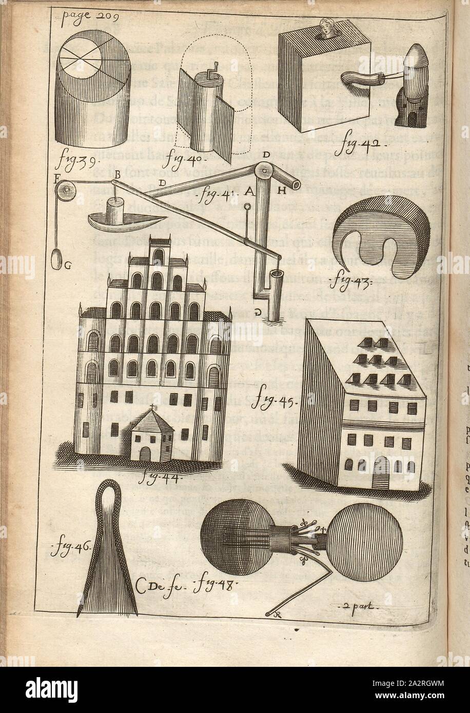 Palan de propulsion à eau, d'un sauna, d'Hildesheim town hall, Bâtiment à Hanovre, les coiffures des femmes de Hanovre, fig. 40, 41 : Dessins d'un 17e siècle train fonctionnant à l'eau, fig. 42 : Schéma d'un 17e siècle sauna, fig. 44 : Esquisse de la 17e siècle en Ratshaus Hilldesheim, fig. 45, : Esquisse d'une chambre à Hanovre à partir de la 17e siècle, fig. 46 : Esquisse d'une chapellerie, généralement portés par les femmes de Hanovre, du 17ème siècle, signé : C. De., Fe, fig. 8, p. 208, après Derbage, cl. (Fec), 1665, Jean Bertet, Balthasar de Monconys : Journal des voyages de Monsieur de Monconys : [...]. Seconde partie. Lyon Banque D'Images