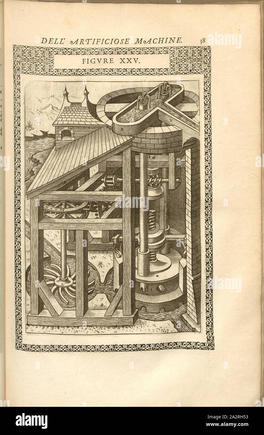 Pumpe (25), l'Hydro-powered pompe, gravure sur cuivre, fig. XXV, p. 38, 1588, Agostino Ramelli et diversifiée : Le artificiose machine del Capitano Agostino Ramelli (...). Un Parigi : dans Casa del'autore, 1588 Banque D'Images