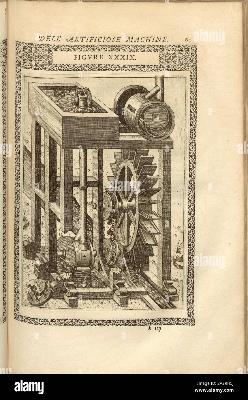 Pumpe (39), l'Hydro-powered pompe, gravure sur cuivre, fig. XXXIX, p. 60, 1588, Agostino Ramelli et diversifiée : Le artificiose machine del Capitano Agostino Ramelli (...). Un Parigi : dans Casa del'autore, 1588 Banque D'Images