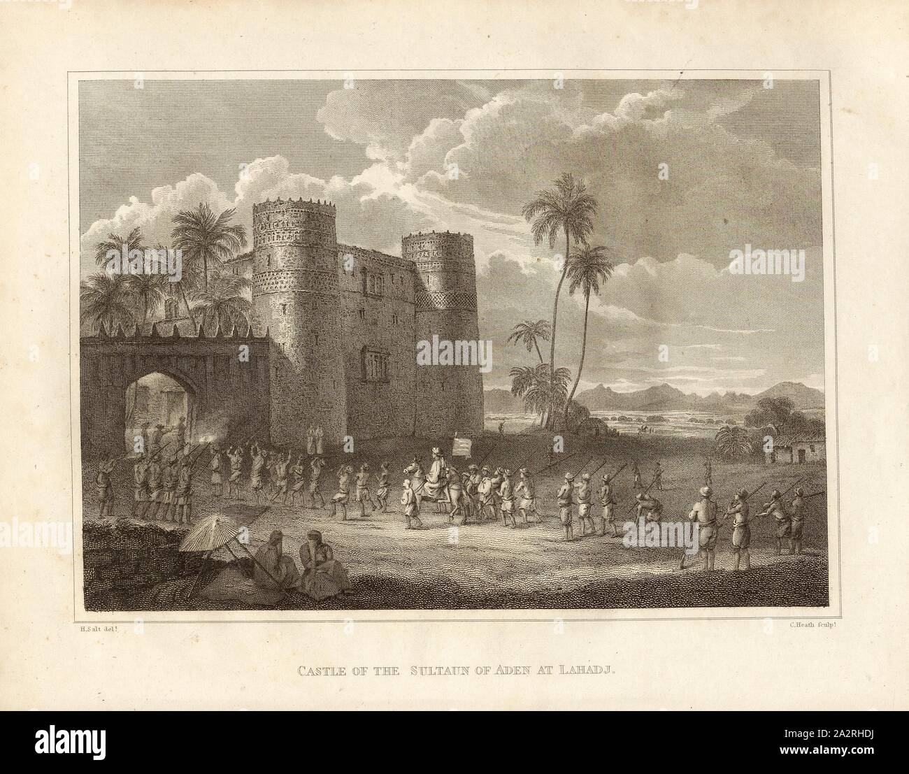 Château de l'Sultaun d'Aden à Lahadj, Vue du château à Lahadj, d'après p. 116, p. 143, sel, Henry (del.) ; Heath, C. (1814), sculptures., Henry Salt : un voyage en Abyssinie, et voyages dans l'intérieur de ce pays, exécuté sous les ordres du gouvernement britannique, dans les années 1809 et 1810 : dans lequel sont inclus, un compte de la colonies portugaise sur la côte est de l'Afrique, s'est rendu dans le cours du voyage : un concis de la fin de manifestations en Arabie Félix : et quelques détails concernant les tribus africaines, s'étendant de Mosambique aux frontières de Banque D'Images