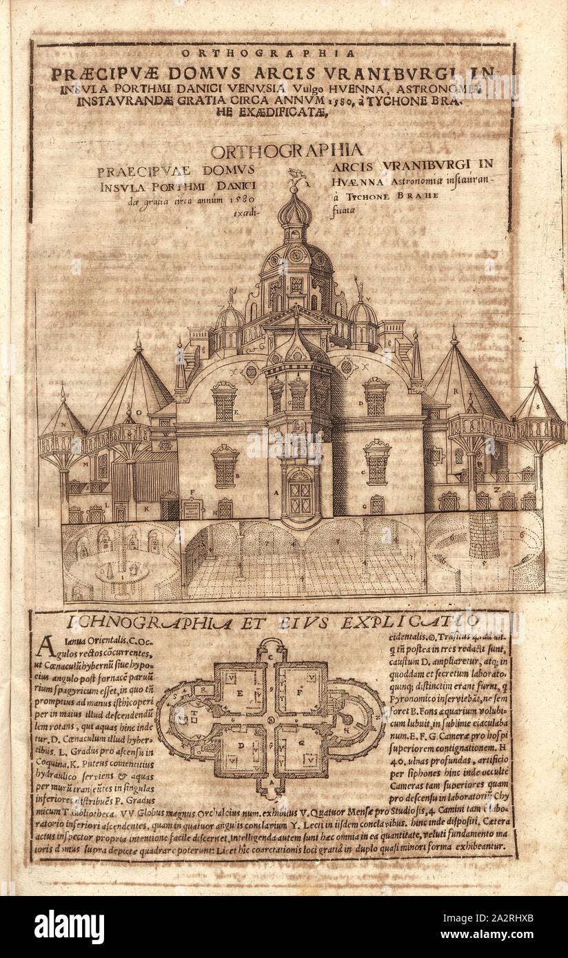 Chambre salon principal de l'orthographe ... Uraniburgi, illustration du bâtiment principal d'Uranienborg du 17e siècle, fig. 24, p. 103, 1580, Tycho Brahé : Tychonis Brahe Astronomiae instauratae mechanica. Noribergae [Nuremberg] apud Levinum Hulsium :, 1602 Banque D'Images
