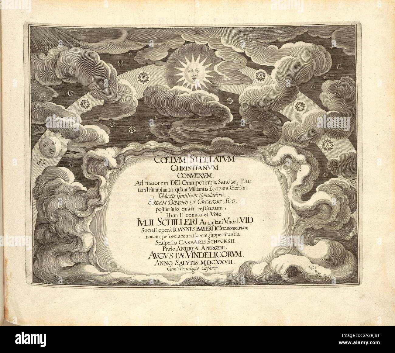 Christian starry dome, pas signé, page de titre, Bayer, Johann ; Schecks, Kaspar, 1627, Julius Schiller, Johann Bayer, Kaspar Schecks : Coelum stellatum christianum convexum (...). Augustae Vindelicorum [Augsbourg] Apergeri praelo : Andreae, 1627 Banque D'Images
