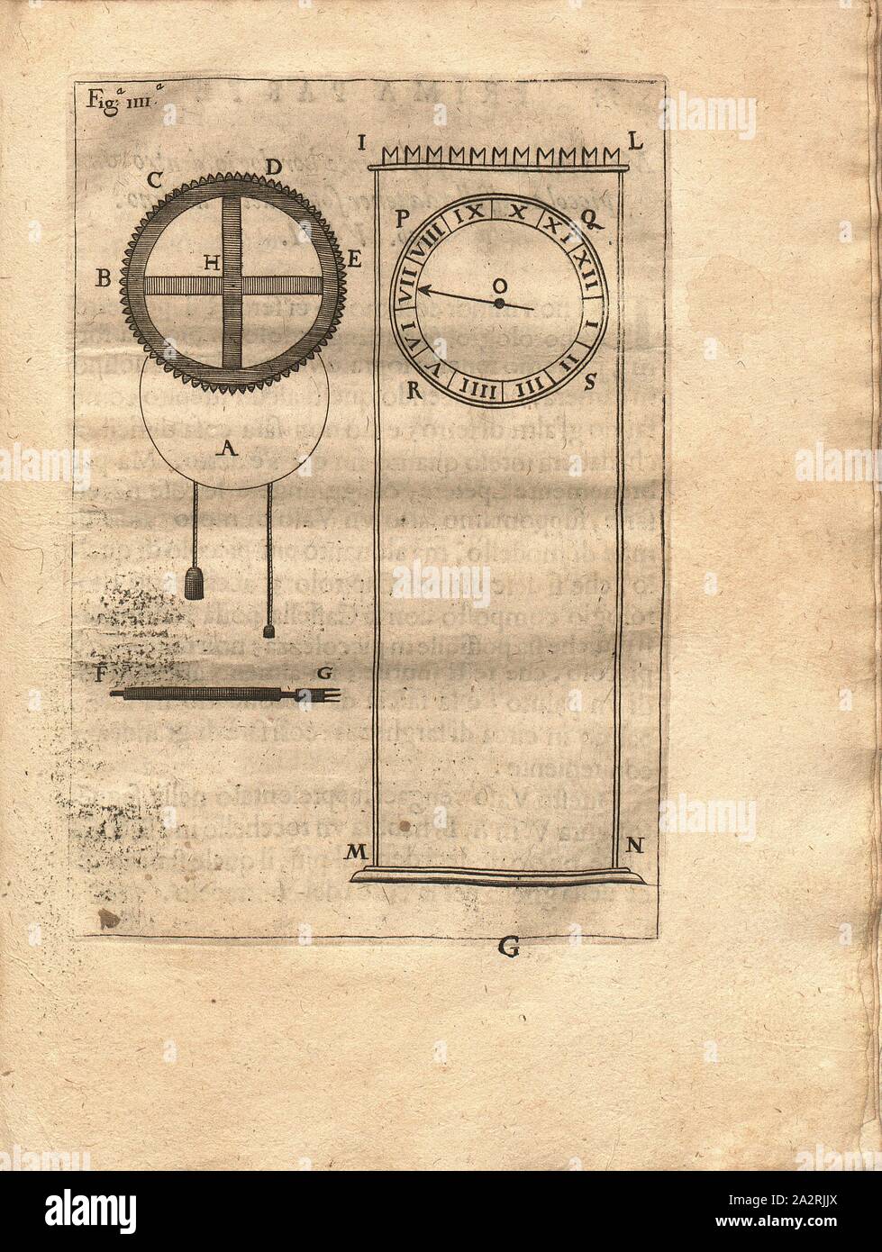 Turmuhr, Illustration d'un réveil de l'église du 17ème siècle, fig. IIII, à la p. 52, 1669, Domenico Martinelli : Horologi elementari divisi en quattro parti : nella prima parte fatti con l'acqua, nella seconda con la terra, nella terza con l'aria, nella quarta col fuoco : alcuni muti, et alcuni col suono, tutti faci, e molto produits. Vénétie : par Bortolo Tramontino 1669 Banque D'Images