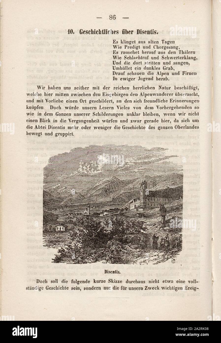 Disentis Disentis, dans le canton d'Gräubünden avec l'église Saint Jean Baptiste et le monastère, fig. 5, p. 86, Gottfried Ludwig Theobald : Das Bündner Oberland oder der Vorderrhein mit seinen. Seitenthälern Chur : Druck und Verlag von Leonh. Hitz, 1861 Banque D'Images